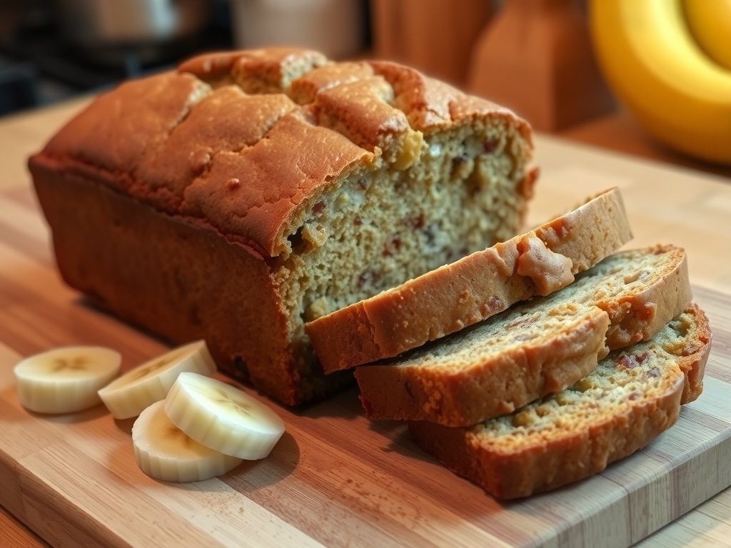A loaf of high protein low carb banana bread, sliced and placed on a cutting board with banana slices and cinnamon.